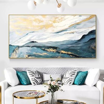 Modern Abstract Blue Gold Hand Painted Canvas Oil Landscape Painting with Customizable Size and Hand Applied Gold Leaf