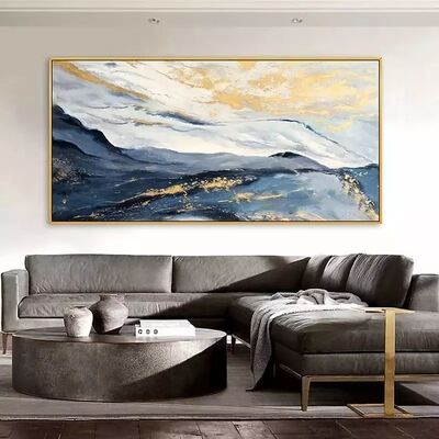 Modern Abstract Blue Gold Hand Painted Canvas Oil Landscape Painting with Customizable Size and Hand Applied Gold Leaf
